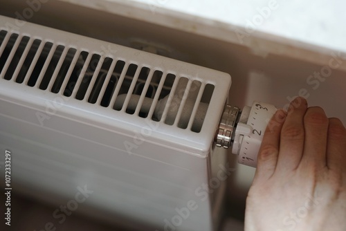 hand hold radiator thermostat valve settings adjust temperature cold autumn winter heat gas minimum