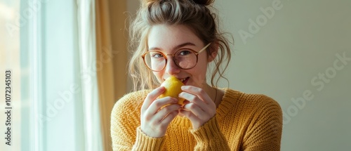 Smiling woman in glasses eating a pear