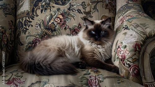 A luxurious fluffy cat rests on a vintage floral armchair, exuding elegance and tranquility, with an alluring gaze that adds charm and warmth to the scene.