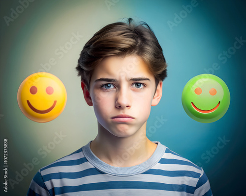 A young boy with a neutral expression stands between two floating smiley faces, one yellow and one green, symbolizing mixed emotions or mood swings.