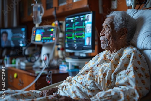 An elderly man in a hospital gown rests quietly in a bed, illuminated by the soft glow of monitors displaying medical data. The environment is calm and clinical