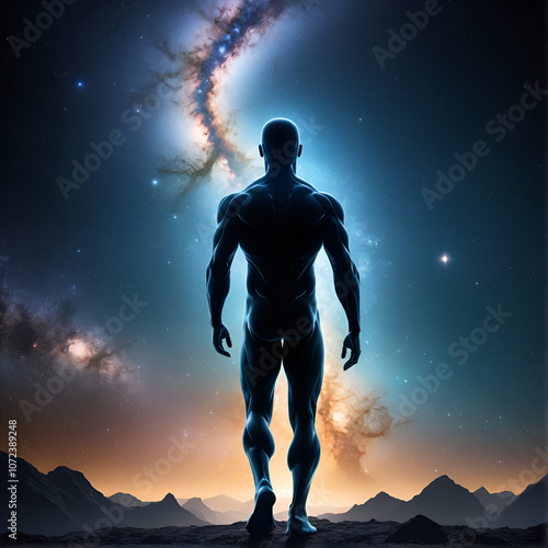 man walking middle galaxy human silhouette ascension general form portrait astral background above below clear high evolution immortality