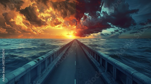 Diverging Bridges Over Water: Choices in Life's Journey - Stormy Sky vs. Calm Sunset Concept Design