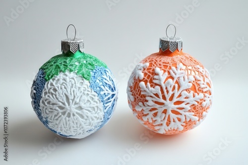 Handcrafted crochet Christmas ornaments on white background