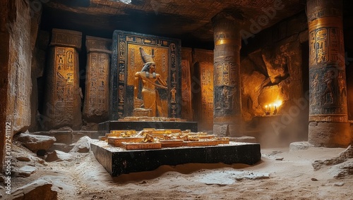 Interior of old pyramid or pharaoh's tomb with sarcophagus on stone, inside shot with sun rays, ancient tomb 