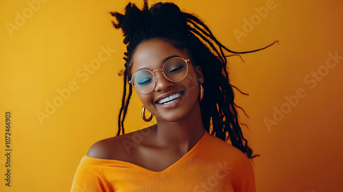 Captivating photo of a vibrant young woman in her 20s dancing in a studio, celebrating life with her infectious smile and energetic movements. This portrait embodies the excitement of youth and the jo