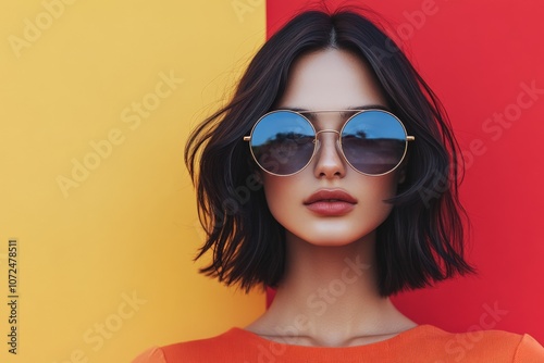 A fashionable woman with short dark hair in trendy round sunglasses poses confidently against a bold backdrop of red and yellow, embodying modern stylish elegance.