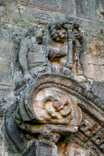 Image of the Cardinal Virtue of the Fortress. Detail of the north facade of the Church of the Assumption in Puertollano, Ciudad Real Province, Spain