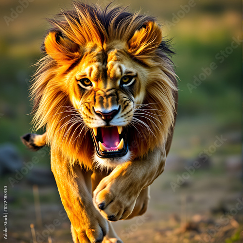 Lion running close-up, showing power, strength, courage, and fearlessness , lion, running, close-up, powerful, strength