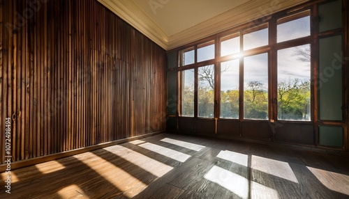 salle vide avec fenetres et mur en bois sombre avec ornements lumiere du soleil traversante eclairant la piece