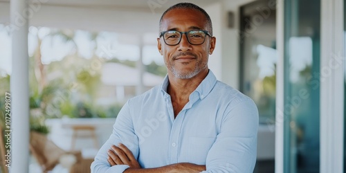 A relaxed yet confident man wearing glasses stands with arms crossed, conveying calm assurance. The inviting setting suggests openness and sincerity in his demeanor.