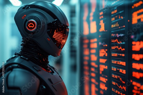 A futuristic robot trader short-circuiting as the stock graphs on its screen malfunction and crash.