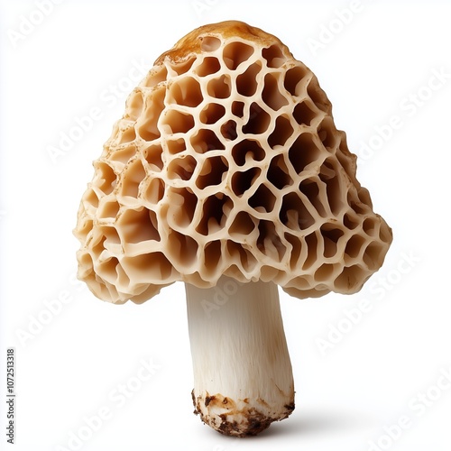 A stunning morel mushroom showcasing its intricate honeycomb cap in elegant isolation