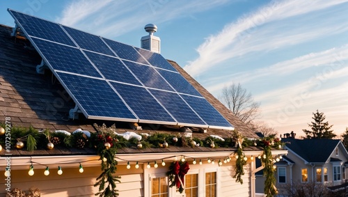 Close up solar panels on the roof of a house with holiday christmas decorations and lights