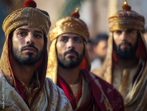 Three Wise Men in ornate robes and crowns presenting gifts of gold, frankincense, and myrrh, symbolizing the Epiphany.