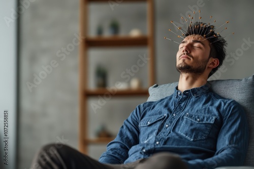 Man relaxing with acupuncture needles in a modern living room during the daytime