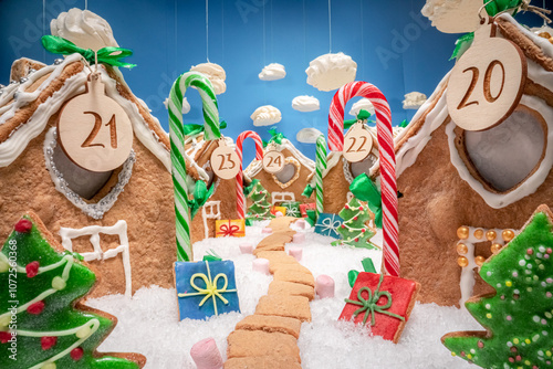 Handmade Christmas gingerbread village with meringue clouds.