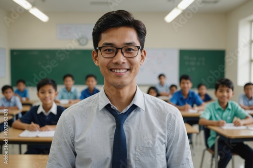 Close portrait of a smiling young Malaysian male elegant primary school teacher standing and looking at the camera, indoors almost empty classroom blurred background