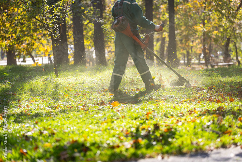 A worker using a string trimmer to maintain a lush green park during autumn sunlight in a vibrant outdoor setting