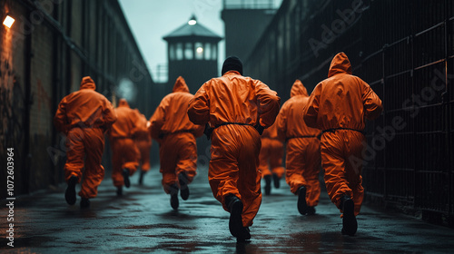 Prisoners in orange jumpsuits fleeing from prison during a jailbreak