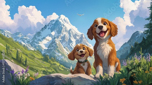 Illustration of a puppy and his goofy friend against a scenic mountain backdrop, adding a whimsical and joyful touch to the adventure theme.