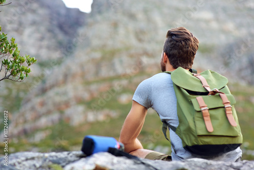 View, man and backpack for hiking on hill with fitness adventure, sightseeing or nature scenery. Back, hiker or trekking on mountain for cardio workout, exercise and travel journey with explore break