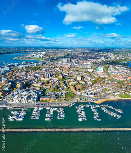 Aerial view of Poole, a coastal town in Dorset, southern England, known for its large natural harbour and sandy beaches