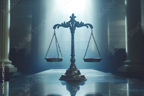 symbolic representation of justice, featuring balanced scale in courtroom setting, illuminated by soft light. atmosphere conveys sense of solemnity and fairness