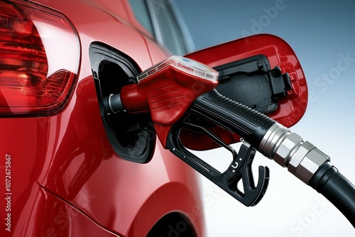 A red car is being filled with gas