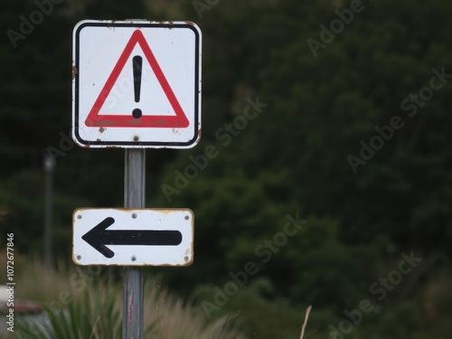 A weathered downgrade road sign on a scenic countryside road in Croatia, communication, vintage