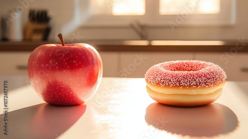 Red Apple vs Pink Glazed Donut with Sprinkles on White Tabletop in Kitchen Setting.