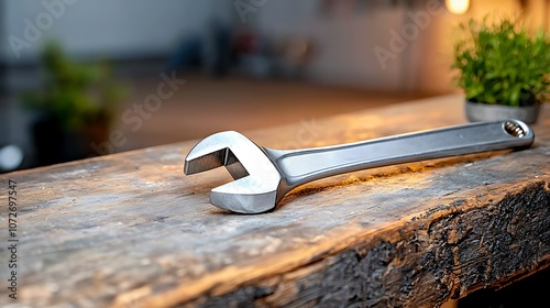 The gleaming wrench rests proudly on the rugged, weathered workbench, radiating a sense of strength and durability against the backdrop of the dimly lit garage.