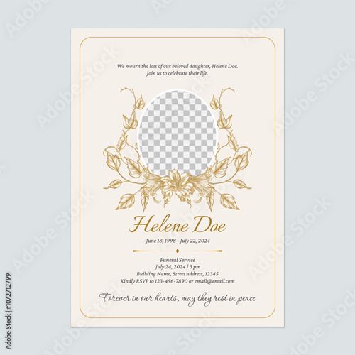 Floral funeral invitation template features a gold floral frame encircling a circular photo placeholder on a bright brown background conveying a sense of respect and solemnity