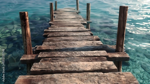 Wooden jetty leading to the sea with blue sky and clouds