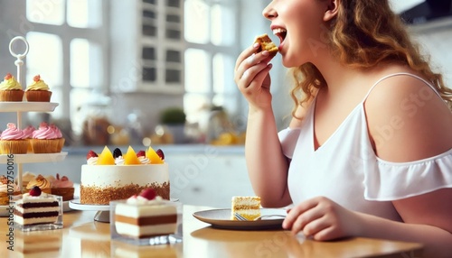 デザートを食べるプラスサイズの女性