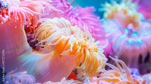 An explosion of color in an otherwise monochromatic aquarium created by the strategic placement of bright coral and waving sea anemones.