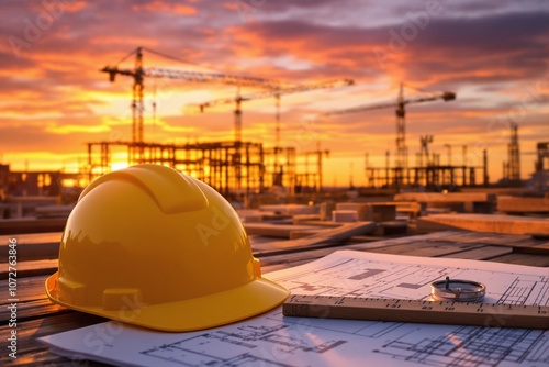 Sunset View of Construction Site with Safety Helmet and Blueprints