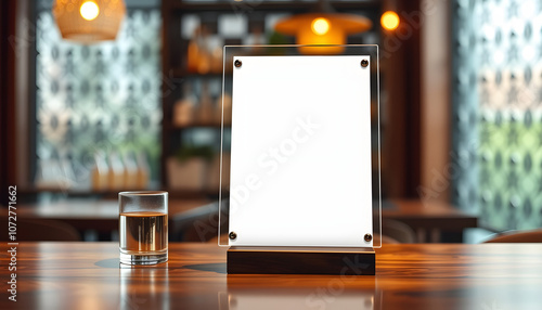 Mock up Label the blank menu frame in Bar restaurant. Stand for booklet with white sheet paper acrylic tent card on table wiht blurred background can inserting the text or picture isolated with whit