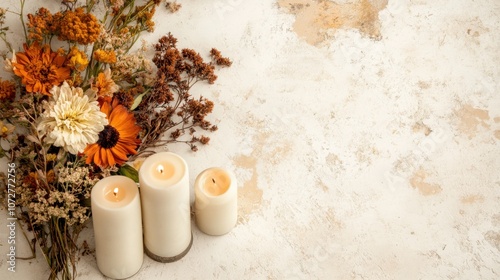 Autumn floral arrangement with candles for toussaint celebration in french guiana