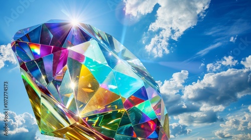 A giant inflated diamond catching the sunlight and creating a dazzling display of colors.