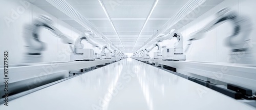 Very realistic photo of a sleek white factory with synchronized robotic arms and workers blurred by speed The long exposure captures the fluid motion and seamless automation of the production process