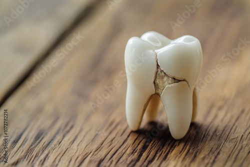 A broken tooth with visible decay requiring treatment on a wooden surface, highlighting dental health concerns