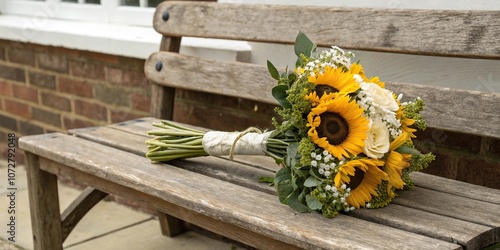 Bouquet of sunflowers on a rustic wooden bench, floral arrangement, outdoor seating