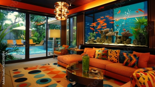 A mix of bold colors and geometric patterns give this living room a modern edge while the focal point of a large tank filled with tropical fish adds a playful and unexpected touch.