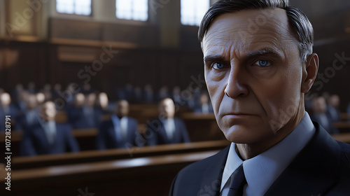 Vengeful glare in courtroom, tense atmosphere, courtroom drama, 8k, hyper realistic, real life based. 