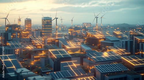 A futuristic city powered entirely by renewable energy, with solar panels on every rooftop and wind turbines integrated into the skyline. Glowing energy grids show how the city efficiently harnesses 