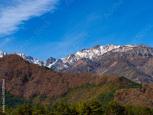 快晴の空と冠雪の北アルプス 長野県白馬村