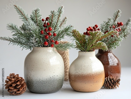 Three ceramic vases with evergreen branches and red berries. Natural and festive decor. Perfect for seasonal decoration.