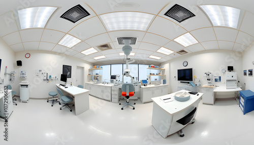 360 hdri panorama inside interior of modern research medical laboratory or ophthalmological clinic with equipment in equirectangular spherical projection isolated with white highlights, png