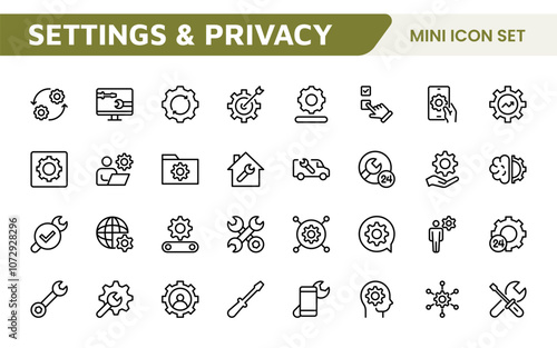 Settings & Maintenance Icon Set. Sleek and functional icons for user interfaces, perfect for enhancing apps and websites with intuitive navigation for settings, updates, and maintenance.